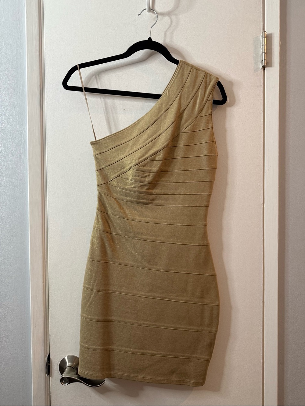 Express One-Shoulder Gold Bandage Bodycon Dress